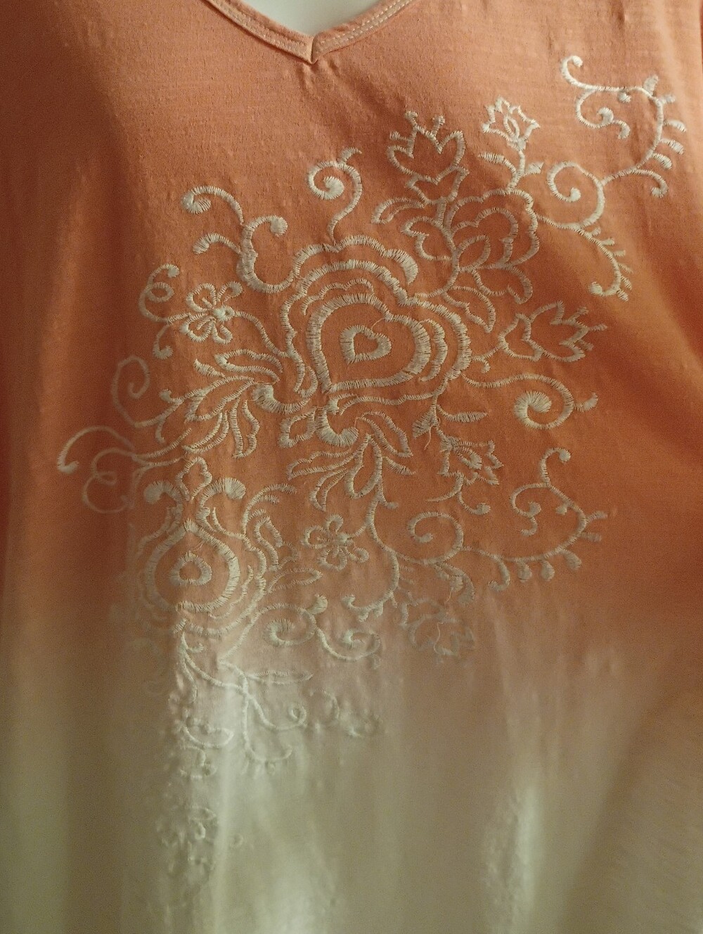 Woman Within Orange Ombre White Fade V-Neck Embroidered Top - Picture 2 of 7